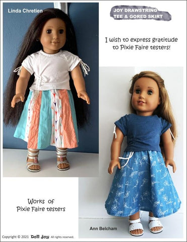 Doll Joy 18 Inch Modern Joy Drawstring Tee and Gored Skirt 18" Doll Clothes Pattern Pixie Faire