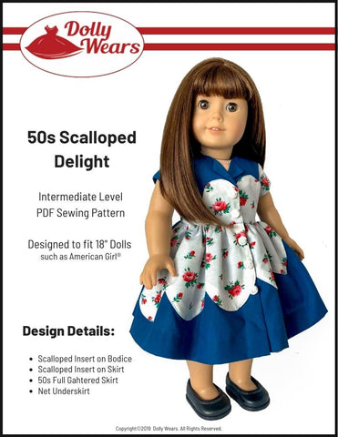 Dolly Wears 18 Inch Historical 50s Scalloped Delight Dress 18" Doll Clothes Pattern Pixie Faire