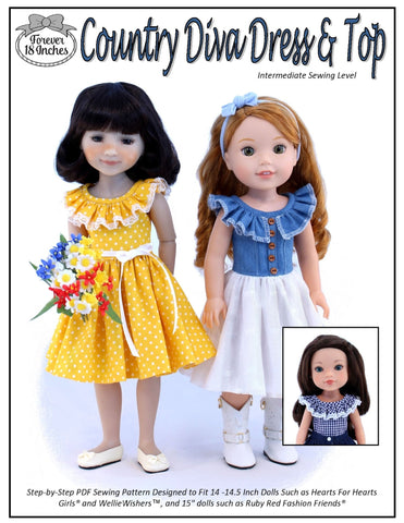 Forever 18 Inches WellieWishers Country Diva Dress & Top 14" - 15" Doll Clothes Pattern Pixie Faire