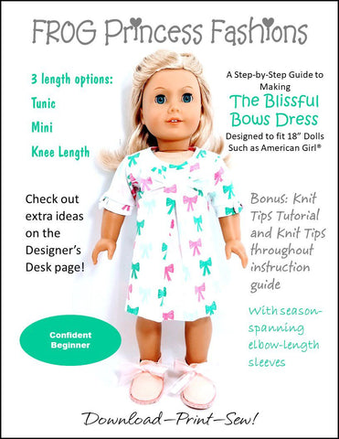 Frog Princess Fashions 18 Inch Modern Blissful Bows Dress 18" Doll Clothes Pattern Pixie Faire