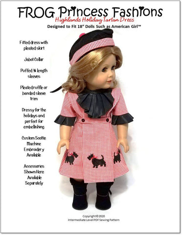 Frog Princess Fashions 18 Inch Modern Highlands Holiday Tartan Dress 18" Doll Clothes Pattern Pixie Faire