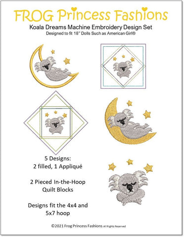 Frog Princess Fashions Machine Embroidery Design Koala Dreams 18" Doll Machine Embroidery Design Pixie Faire