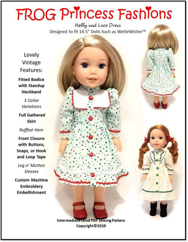 Frog Princess Fashions WellieWishers Holly and Lace Dress 14.5" Doll Clothes Pattern Pixie Faire