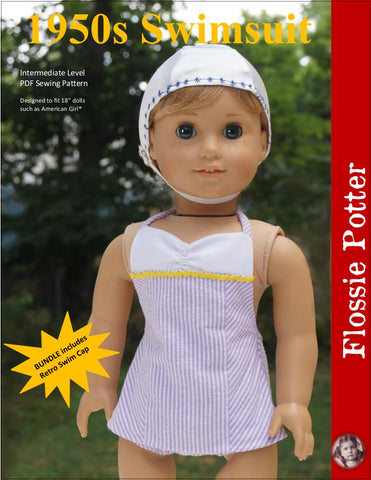 Flossie Potter 18 Inch Historical 1950s Swimsuit and Retro Swim Cap Bundle 18" Doll Clothes Pattern Pixie Faire