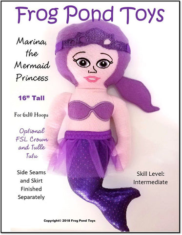 Frog Pond Toys Machine Embroidery Design Marina the Mermaid 16" Soft Doll ITH Machine Embroidery Design Pixie Faire