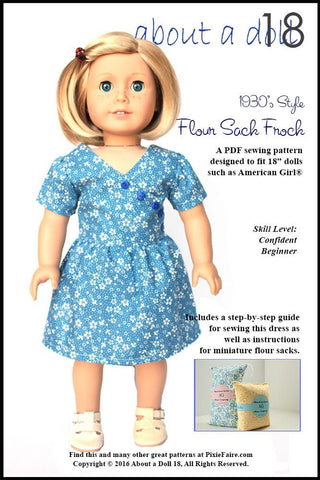 About A Doll 18 18 Inch Historical Flour Sack Frock 18" Doll Clothes Pattern Pixie Faire