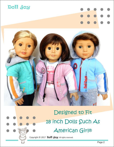 Doll Joy 18 Inch Modern Zip Through Hoody 18" Doll Clothes Pattern Pixie Faire