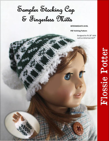 Flossie Potter Knitting Sampler Stocking Cap and Mitts 18" Doll Knitting Pattern Pixie Faire