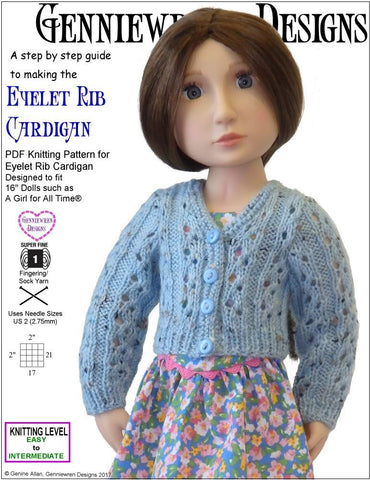 Genniewren A Girl For All Time Eyelet Rib Cardigan Knitting Pattern for AGAT Dolls Pixie Faire