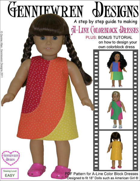 A-Line Color Blocked Dresses 18 inch Doll Clothes PDF Pattern Download