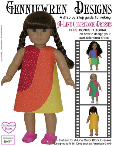 Genniewren 18 Inch Historical A-Line Color Blocked Dresses 18" Doll Clothes Pattern Pixie Faire