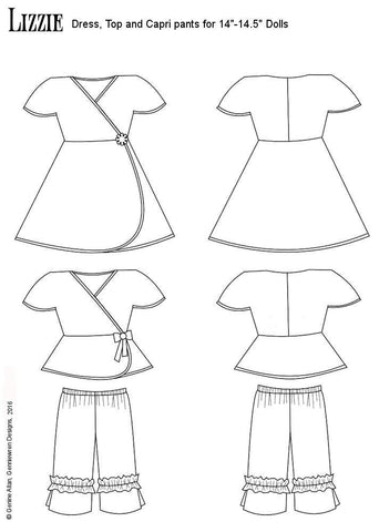 Genniewren WellieWishers Lizzie Dress, Top and Capris 14-14.5" Doll Clothes Pattern Pixie Faire