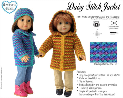 Genniewren Knitting Daisy Stitch Jacket 18" Doll Clothes Knitting Pattern Pixie Faire