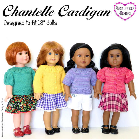 Genniewren Knitting Chantelle Cardigan for 18 inch dolls Pixie Faire