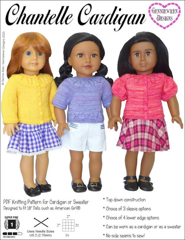 Genniewren Knitting Chantelle Cardigan for 18 inch dolls Pixie Faire