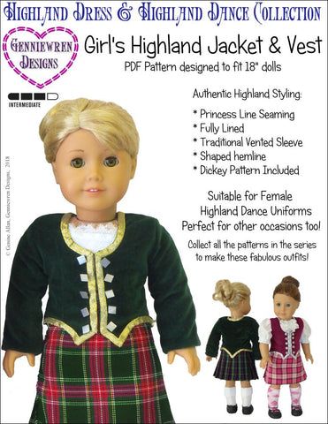 Genniewren 18 Inch Modern Girl's Highland Dance Jacket, Vest and Dickey 18" Doll Clothes Pattern Pixie Faire