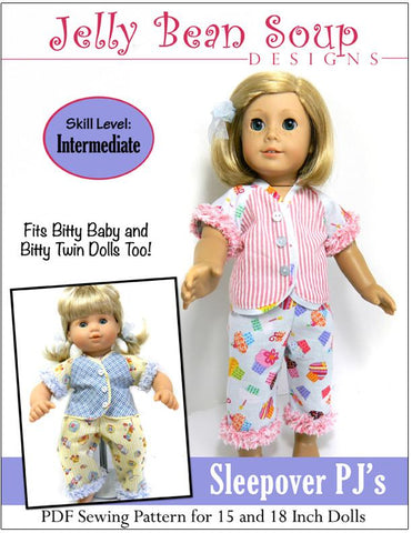 Jelly Bean Soup Designs 18 Inch Modern Sleepover PJ 15" and 18" Doll Clothes Pattern Pixie Faire