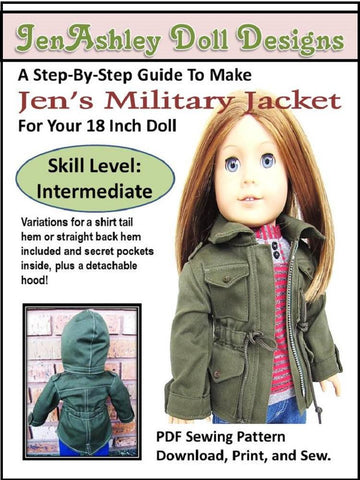 Jen Ashley Doll Designs 18 Inch Modern Jen's Military Jacket 18" Doll Clothes Pattern Pixie Faire