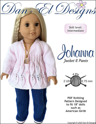 Dan-El Designs Knitting Johanna Knitted Jacket and Pants 18 inch Doll Clothes Knitting Pattern Pixie Faire