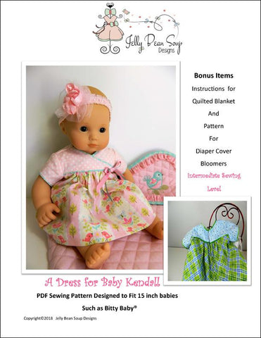 Jelly Bean Soup Designs Bitty Baby/Twin A Dress For Baby Kendall 15" Baby Doll Clothes Pattern Pixie Faire