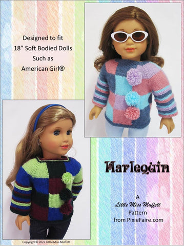 Little Miss Muffett Knitting Harlequin Sweater 18" Doll Knitting Pattern Pixie Faire