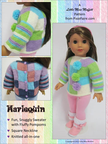 Little Miss Muffett Knitting Harlequin Sweater 18" Doll Knitting Pattern Pixie Faire