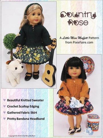 Little Miss Muffett Knitting Country Rose Dress Knitting and Sewing 18" Doll Clothes Pattern Pixie Faire