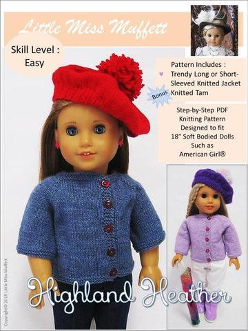 Little Miss Muffett Knitting Highland Heather Jacket and Tam 18" Doll Knitting Pattern Pixie Faire