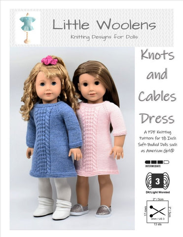 Little Woolens Designs Knitting Knots and Cables Dress 18" Doll Clothes Knitting Pattern Pixie Faire