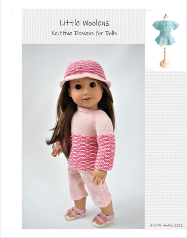 Little Woolens Designs Knitting Ridge & Furrow Sweater and Hat 18" Doll Clothes Knitting Pattern Pixie Faire