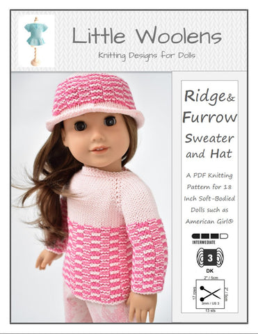 Little Woolens Designs Knitting Ridge & Furrow Sweater and Hat 18" Doll Clothes Knitting Pattern Pixie Faire