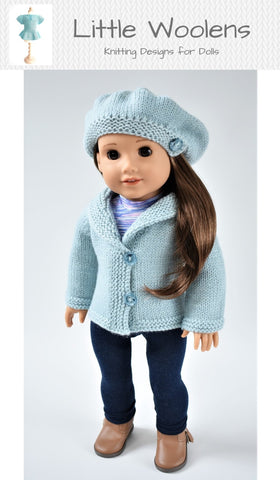 Little Woolens Designs Knitting Shawl Collar Cardigan and Beret 18" Doll Clothes Knitting Pattern Pixie Faire