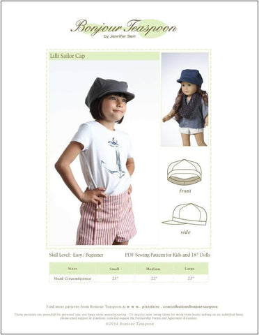 Bonjour Teaspoon 18 Inch Modern Lilli Sailor Cap Pattern for Kids and 18" Dolls Pixie Faire