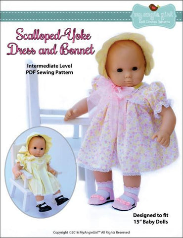 My Angie Girl Bitty Baby/Twin Scalloped-Yoke Dress and Bonnet 15" Baby Doll Clothes Pixie Faire