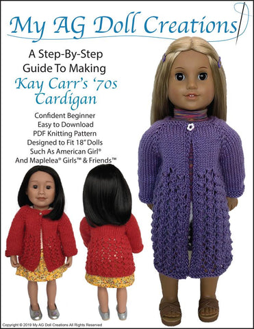 My AG Doll Creations Knitting Kay Carr's '70s Cardigan 18" Doll Knitting Pattern Pixie Faire