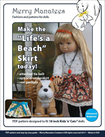 Merry Manatees Kidz n Cats Life's a Beach Skirt Pattern for Kidz N Cats Dolls Pixie Faire