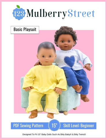 123 Mulberry Street Bitty Baby/Twin Basic Playsuit 15" Baby Doll Clothes Pattern Pixie Faire