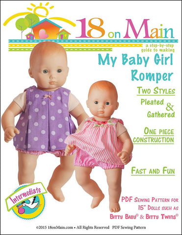 18 On Main Bitty Baby/Twin My Baby Girl Romper 15" Baby Doll Clothes Pattern Pixie Faire