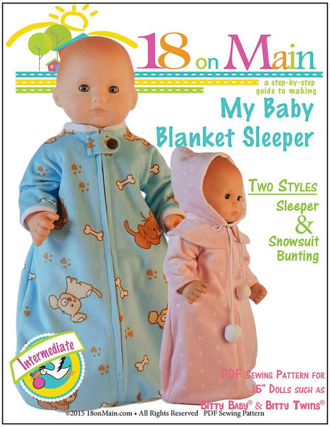 18 On Main My Baby Blanket Sleeper Doll Clothes Pattern 15 inch dolls such as Bitty Baby