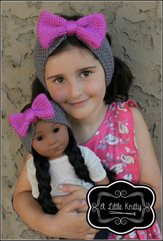 A Little Knitty Knitting Olivia Earwarmer with Bow Knitting Pattern for Girls and 18 inch Dolls Pixie Faire