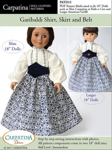 Carpatina Dolls 18 Inch Historical Garibaldi Shirt, Skirt and Belt Multi-sized Pattern for Regular and Slim 18" Dolls Pixie Faire