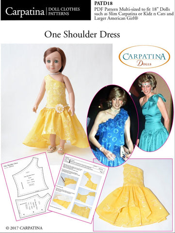 Carpatina Dolls 18 Inch Historical One Shoulder Dress Multi-sized Pattern for Regular and Slim 18" Dolls Pixie Faire