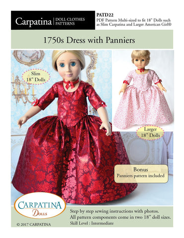 Carpatina Dolls 18 Inch Historical 1750's Dress with Panniers Multi-sized Pattern for Regular and Slim 18" Dolls Pixie Faire