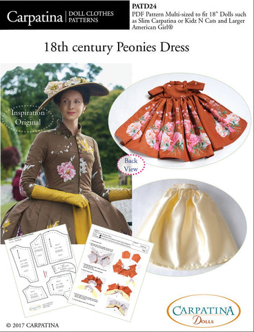 Carpatina Dolls 18 Inch Historical 18th Century Peonies Dress Multi-sized Pattern for Regular and Slim 18" Dolls Pixie Faire