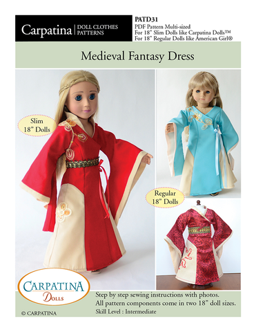 Carpatina Dolls 18 Inch Modern Medieval Fantasy Dress Multi-sized Doll Clothes Pattern for Regular and Slim 18" Dolls Pixie Faire