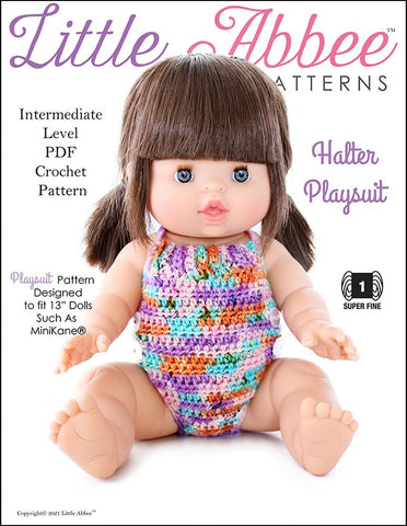 Little Abbee MiniKane Halter Playsuit Crochet Pattern for 13" MiniKane Baby Dolls Pixie Faire