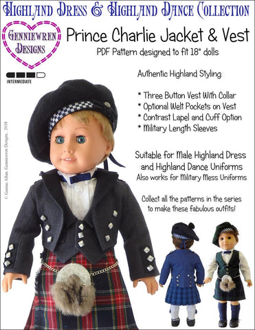 Genniewren 18 Inch Modern Prince Charlie Jacket and Vest 18" Doll Clothes Pattern Pixie Faire