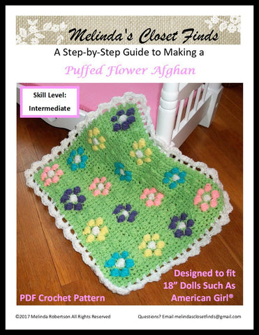 Melinda's Closet Finds Quilt Puffed Flower Afghan 18" Doll Crochet Pattern Pixie Faire