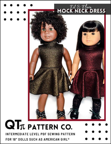 QTπ Pattern Co 18 Inch Modern Fit & Flare Mock Neck Dress 18" Doll Clothes Pattern Pixie Faire