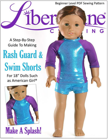 Liberty Jane 18 Inch Modern Rash Guard and Swim Shorts 18" Doll Clothes Pattern Pixie Faire